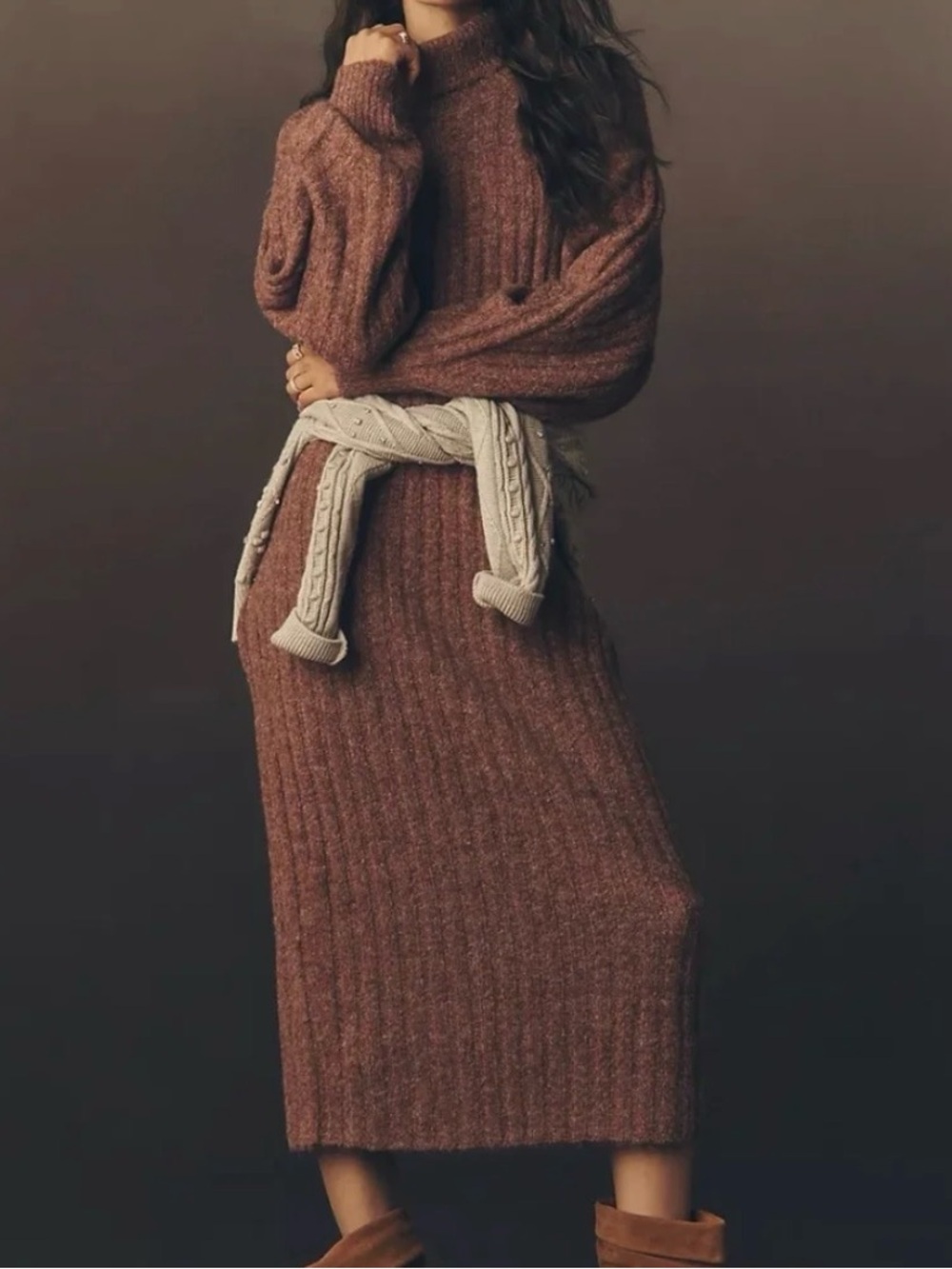 Anthropologie Long-Sleeve Turtleneck Belted Sweater Midi Dress Pink Mauve, Sz S